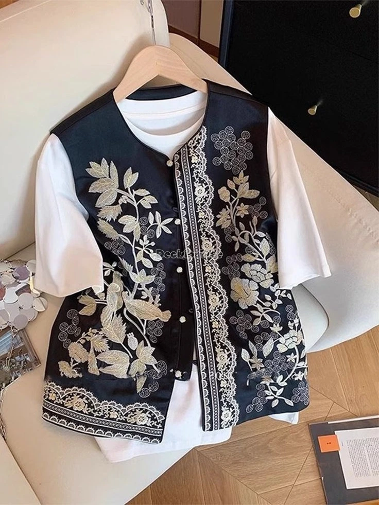 

2025 new chinese retro national fashion style embroidered waistcoat for summer women satin sleeveless loose tang suit vest t001