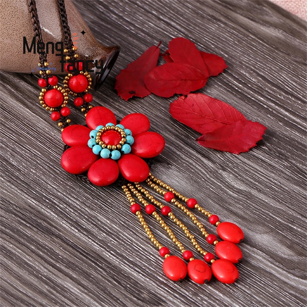 

Bohemian-Style Semi-Gemstone Long Necklace, Retro Wax Rope Hand-Woven Flower Sweater Chain Elegant Fashion Jewelry Best Selling