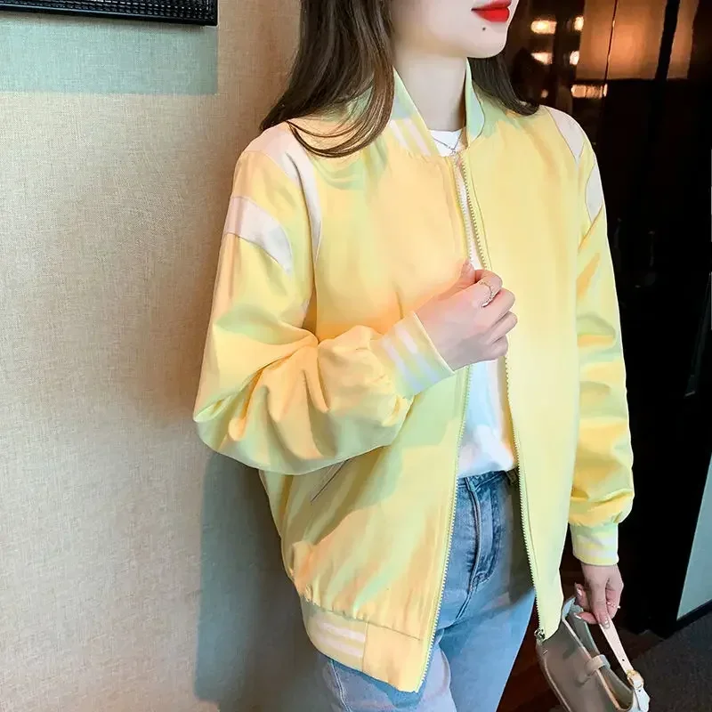 Women's Bomber Jackets Zip-up Female Baseball Aviator Coats Splicing Yellow Chic Youthful Long Sleeve Elegant 2025 Trend Deals