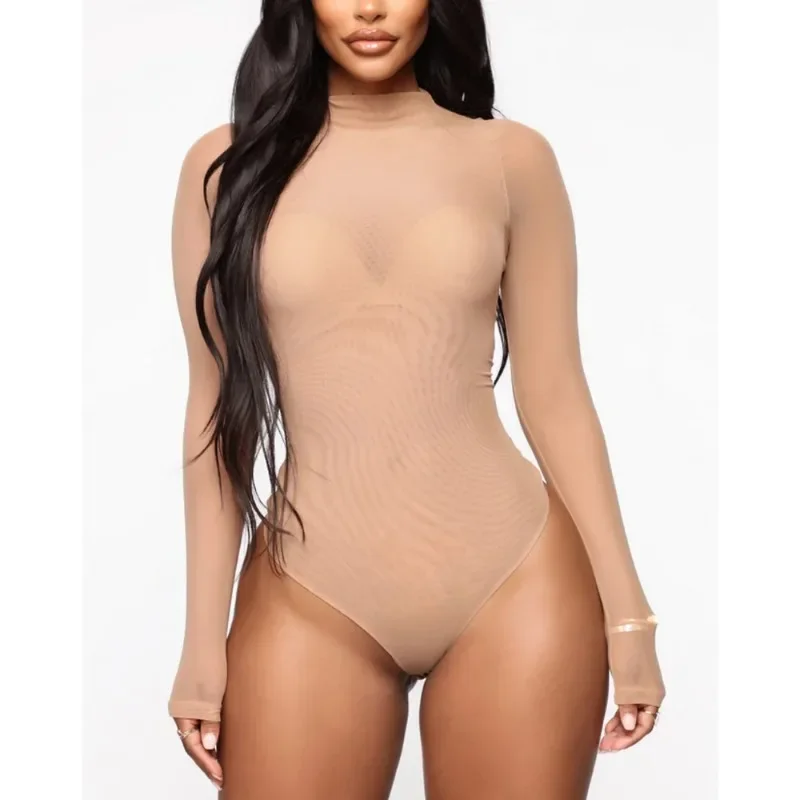 Sexy Mesh See Through Bodysuit Women Long Sleeve Sheer Bodysuits High Neck Bodycon Jumpsuit See Through Romper