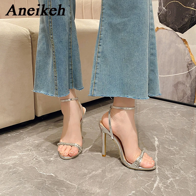 Aneikeh 2024 Fashion Glitter Rhinestones Ladies High Heels Sexy Sandals Women Peep Toe Party Wedding Stripper Shoes Summer