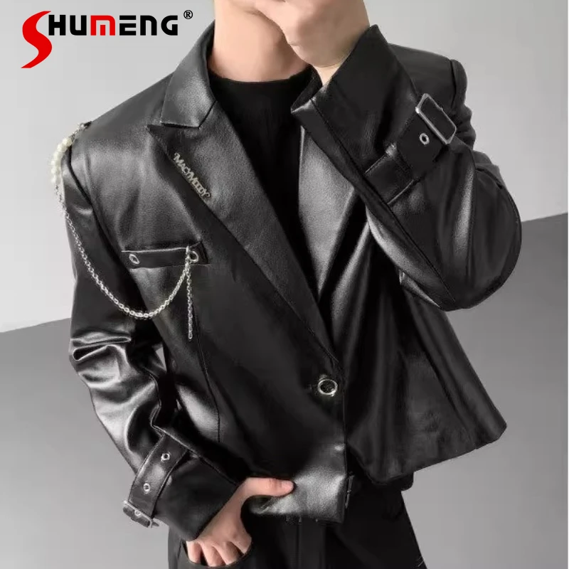 

Men's 2025 Autumn Winter New Glossy PU Leather Suit Jackets Men's High-end Design Stylish Short Style Coats Faux Leather Jackets