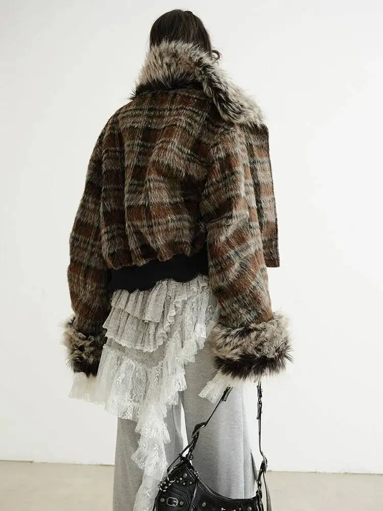 HUISONG Plaid Beide Seiten Tragen Leder Große Größe Faux Pelz Jacke Neue Revers Langarm Frauen Mantel Mode Herbst Winter 2025, mnt0n