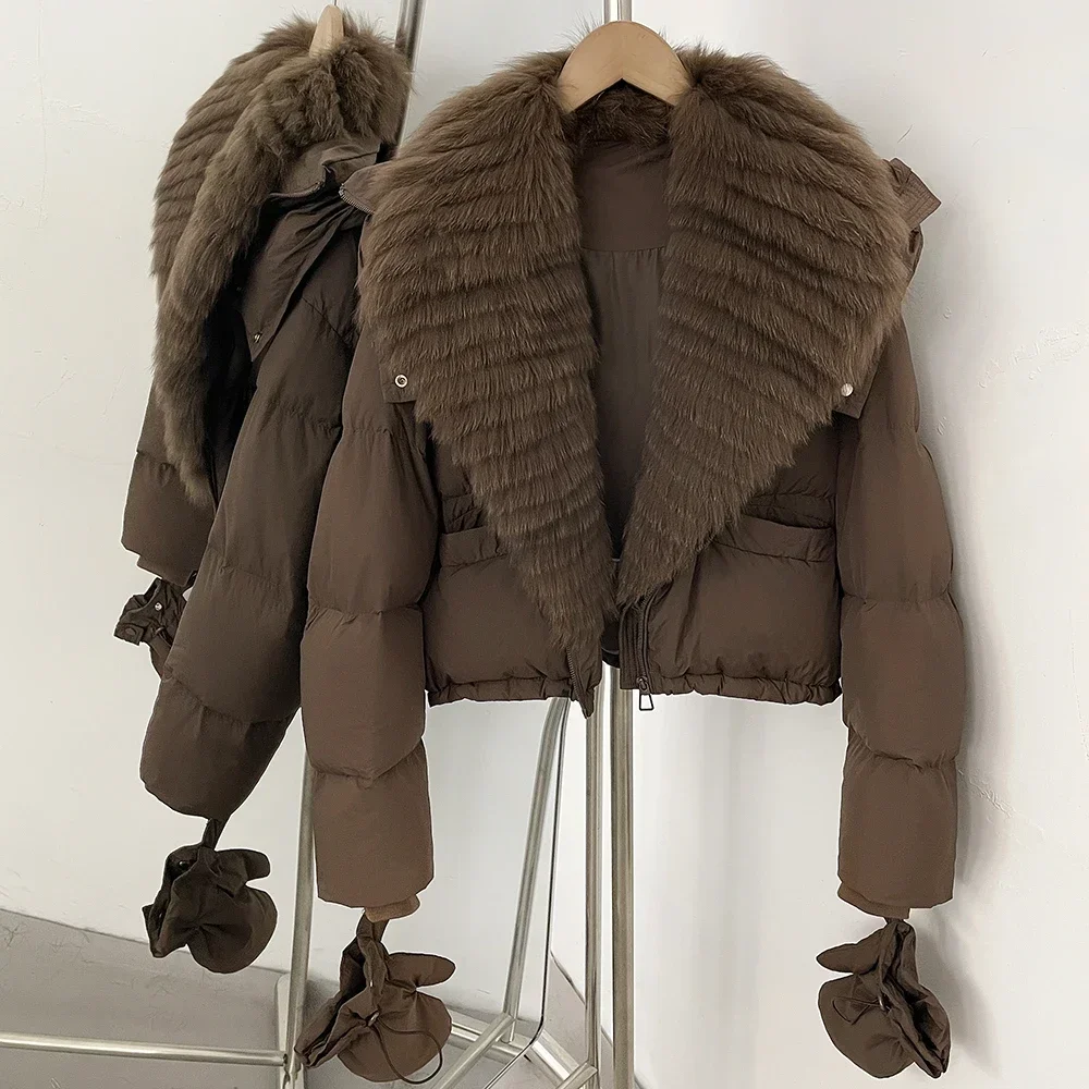 OFTBUY Neue Winter-Kapuzenjacke, kurze Daunenjacke mit echtem Fuchsfell, Damen-Daunenjacke mit abnehmbaren Handschuhen – Detail 19