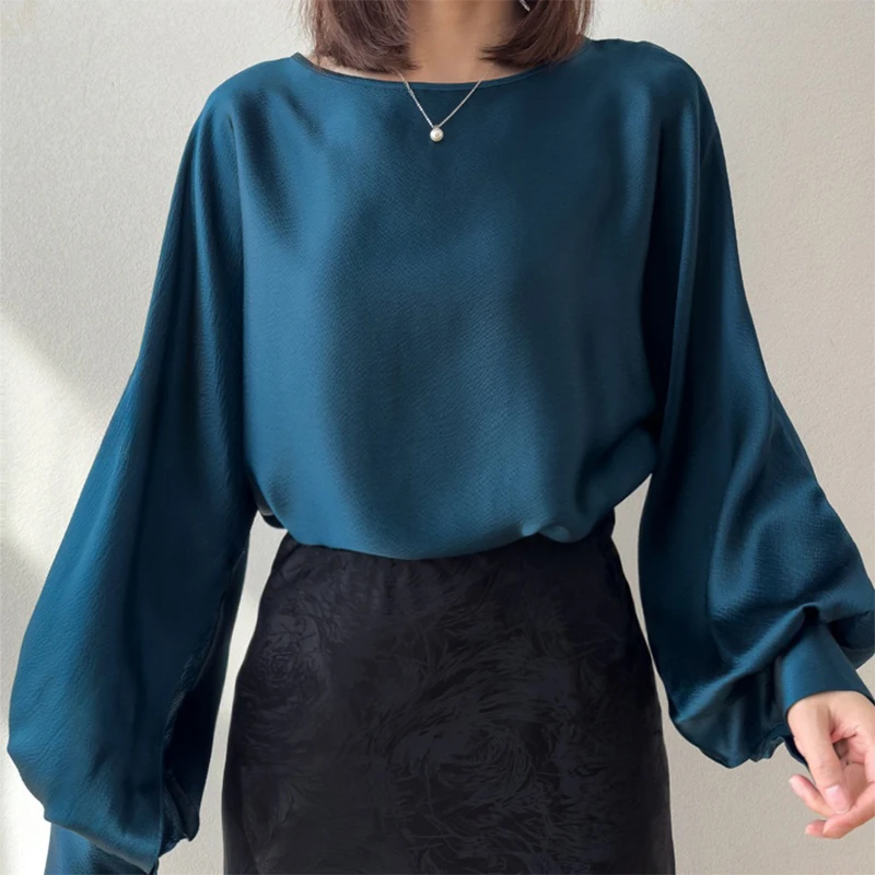 

Women Silk Blouse 100% Mulberry Silk 19 Momme Solid Colors Loose Type Lantern Long Sleeve Pullover Top Shirt M L M1457