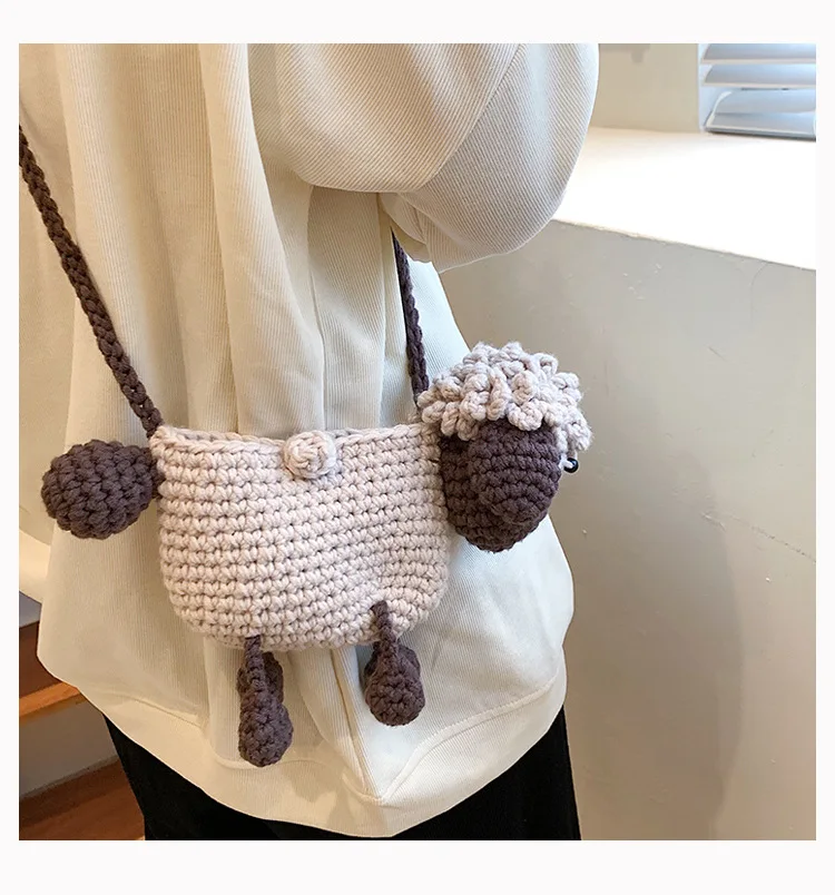 Handmade Crochet Bag DIY Knitted Wool Knitted Cute Cartoon Little Sheep One Shoulder Crossbody Girls' Bag Finished Product