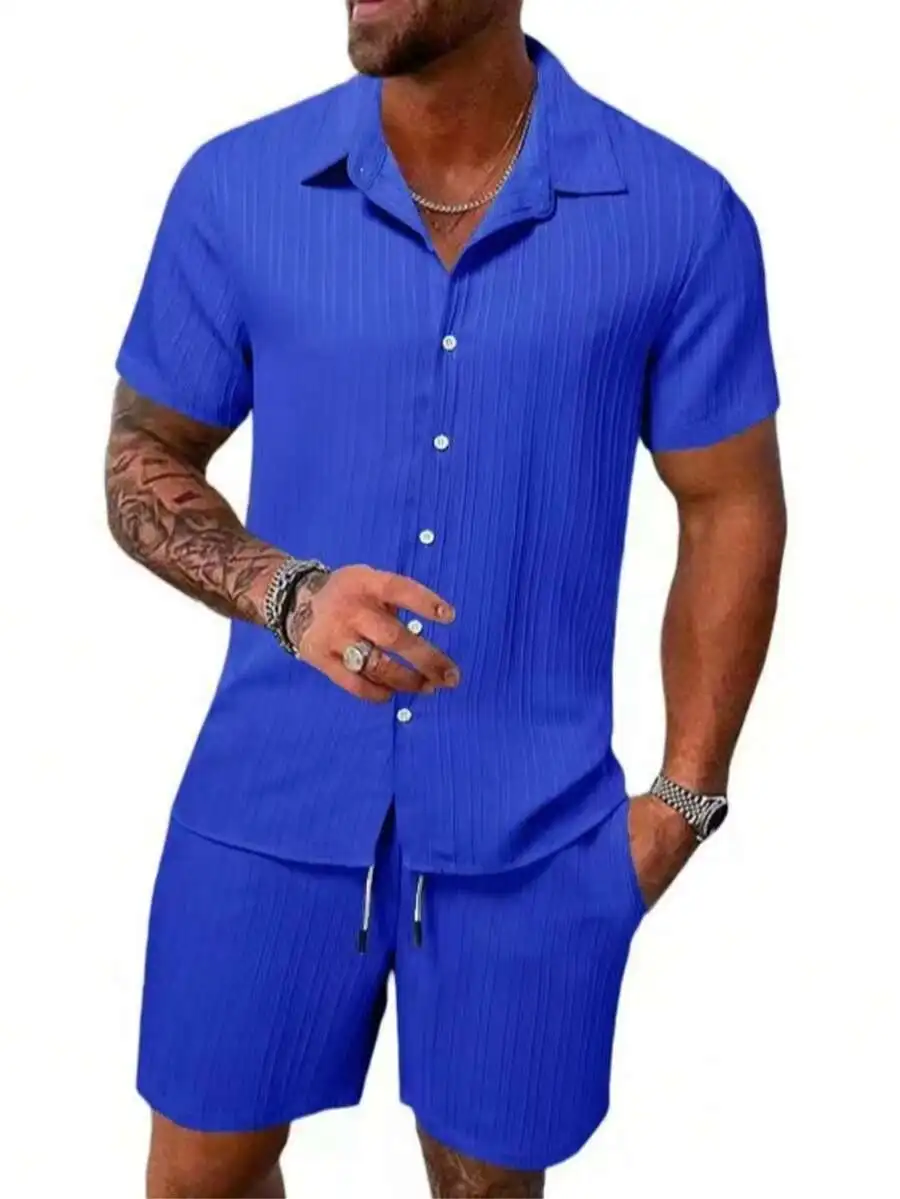 

Mens Summer Two Piece Set Short Sleeve Shirt And Shorts Beach Vacation Linen Texture