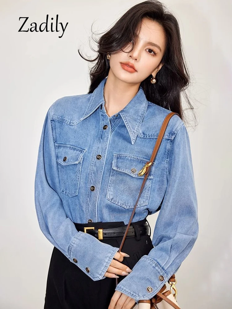 Minimalist Long Sleeve Women Denim Shirt Spring Vintage Button Up Loose Tunic Pocket Autumn Casual Turn Down Collar Clothing Top