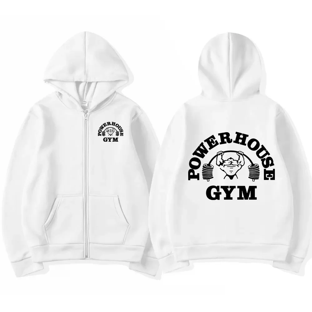 Powerhouse Gym Graphic Zipper Hoodie Men\'s Women\'s Fashion Vintage Zip Up Hooded Sweatshirts High Quality Fleece Loose Pullovers