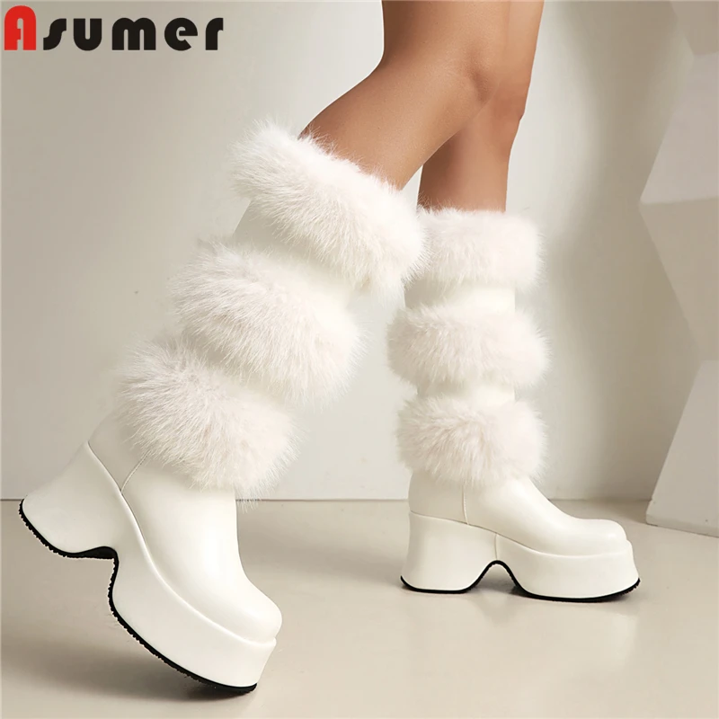 Size 34-43 New Knee Boots Women Faux Fur Thick Bottom Platform Luolita Winter Boots Fashion Square High Heels Fashion Boots