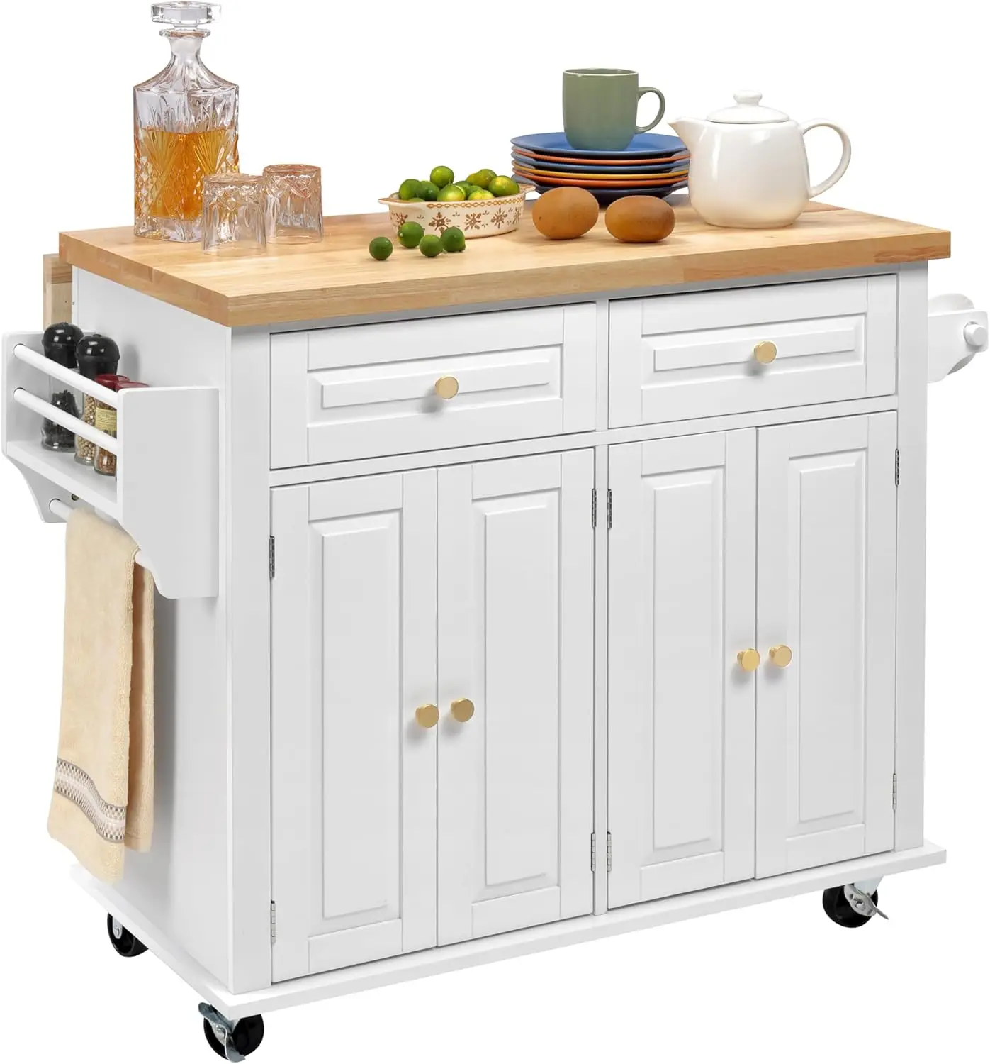 Rolling Kitchen Island With Drop Leaf, Thicken Rubberwood Top, Spice Rack, Towel Rack, Drawer, 43.3