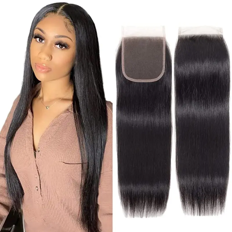 Lace Closure 4x4 Free Part Straight Lace Closure Human Hair Pre Plucked #1B Swiss Lace Closures With Baby Hair 4x4 Closure