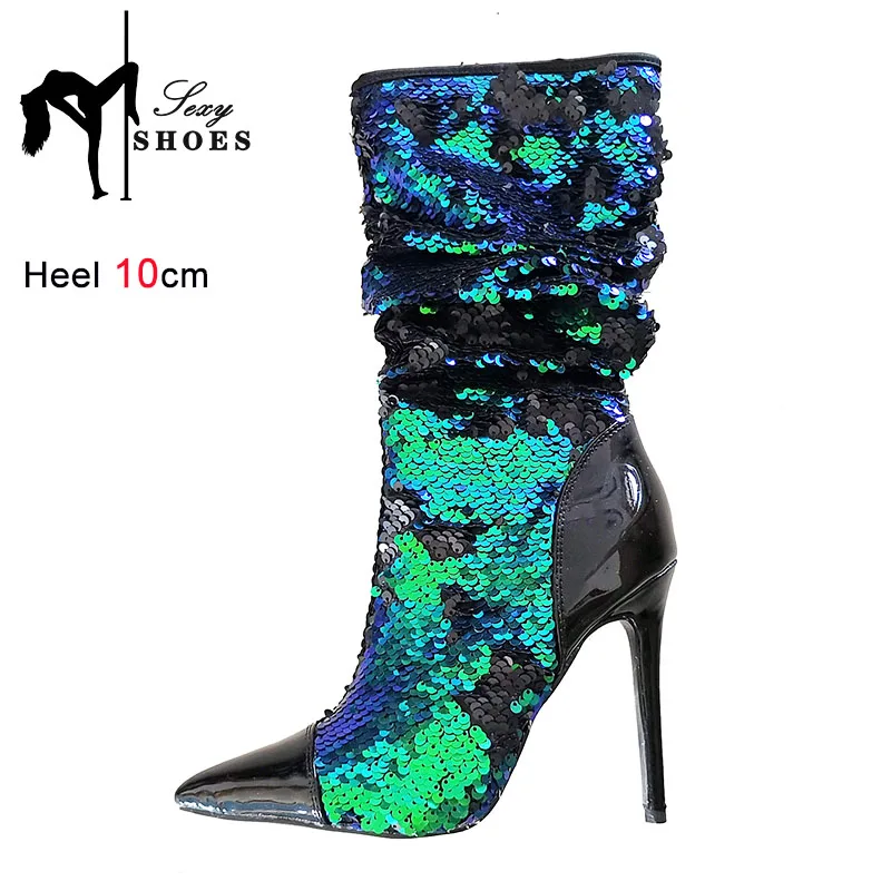 Pointed Toe Ankle Boots Women Club Sequined Stiletto High Heels Large Size Ladies Short Boots Fashion Girls Side Zip Party Shoes