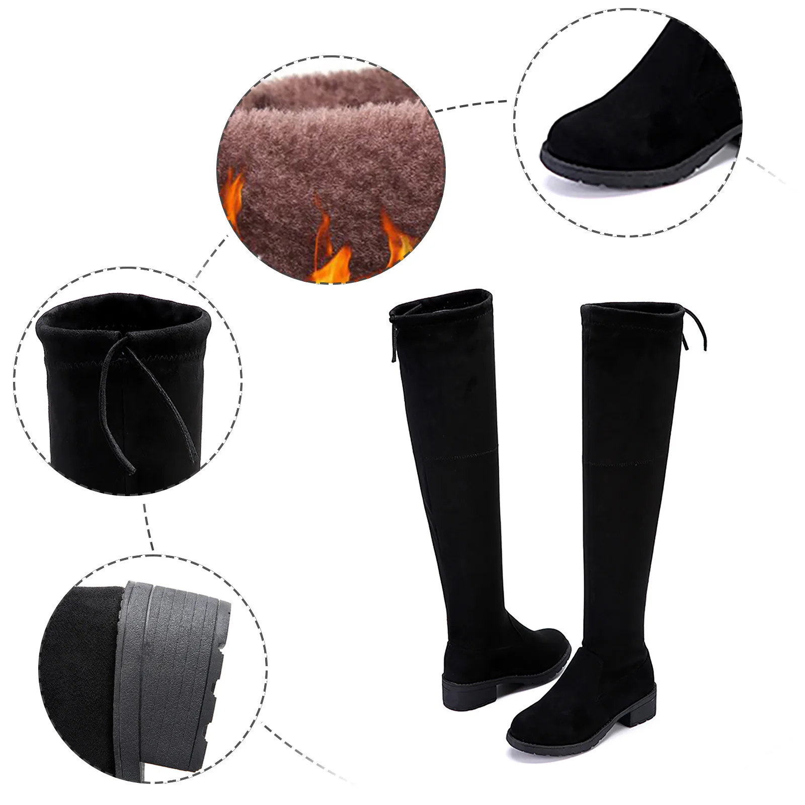 Winter Black Padded Version Over The Knee Women Boots Low Heel Round Toe Square Heel Lady Long Boots Wygodne buty codzienne