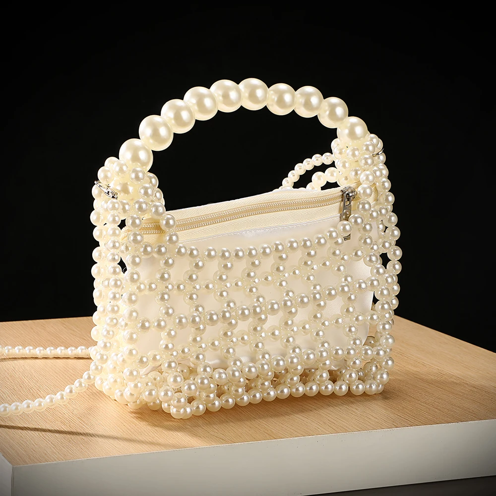 Immagine 4: Nuova borsa da sera per matrimoni e feste con perle intrecciate, delicata borsa per il trucco con catena di perle staccabile e tracolla a spalla.
