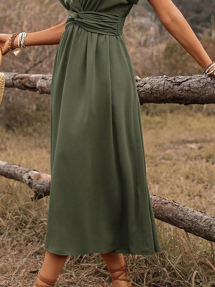 Modna damska sukienka midi w kolorze oliwkowym z głębokim dekoltem w serek, z efektem modelowania talii, sukienka w kształcie litery A z krótkim rękawem, elegancka, codzienna na wakacje.