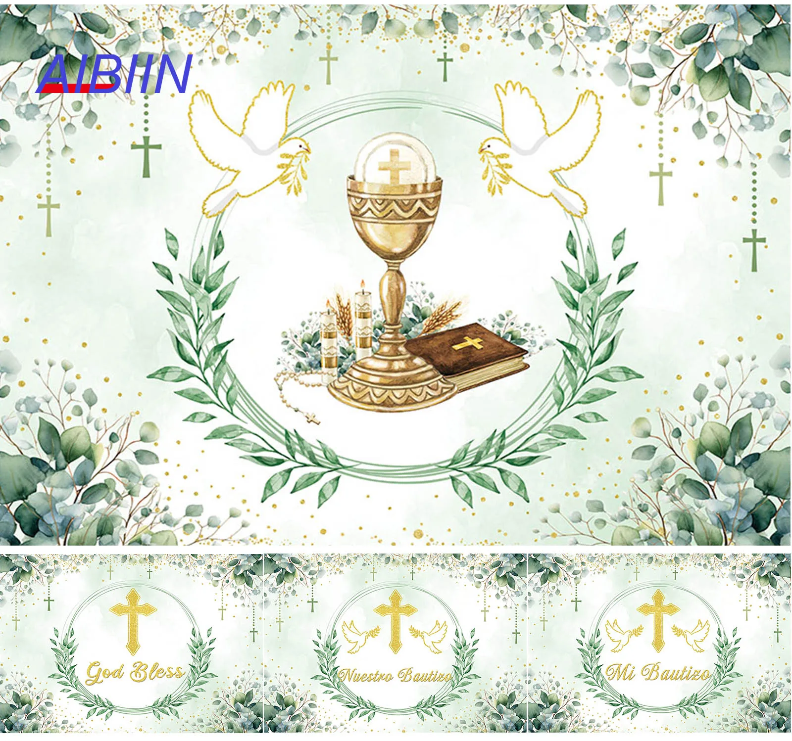 

My Baptism Photography Backdrop Green Eucalyptus leaves Dove Gold Cross God Bless Party Decor Kids Christening Background