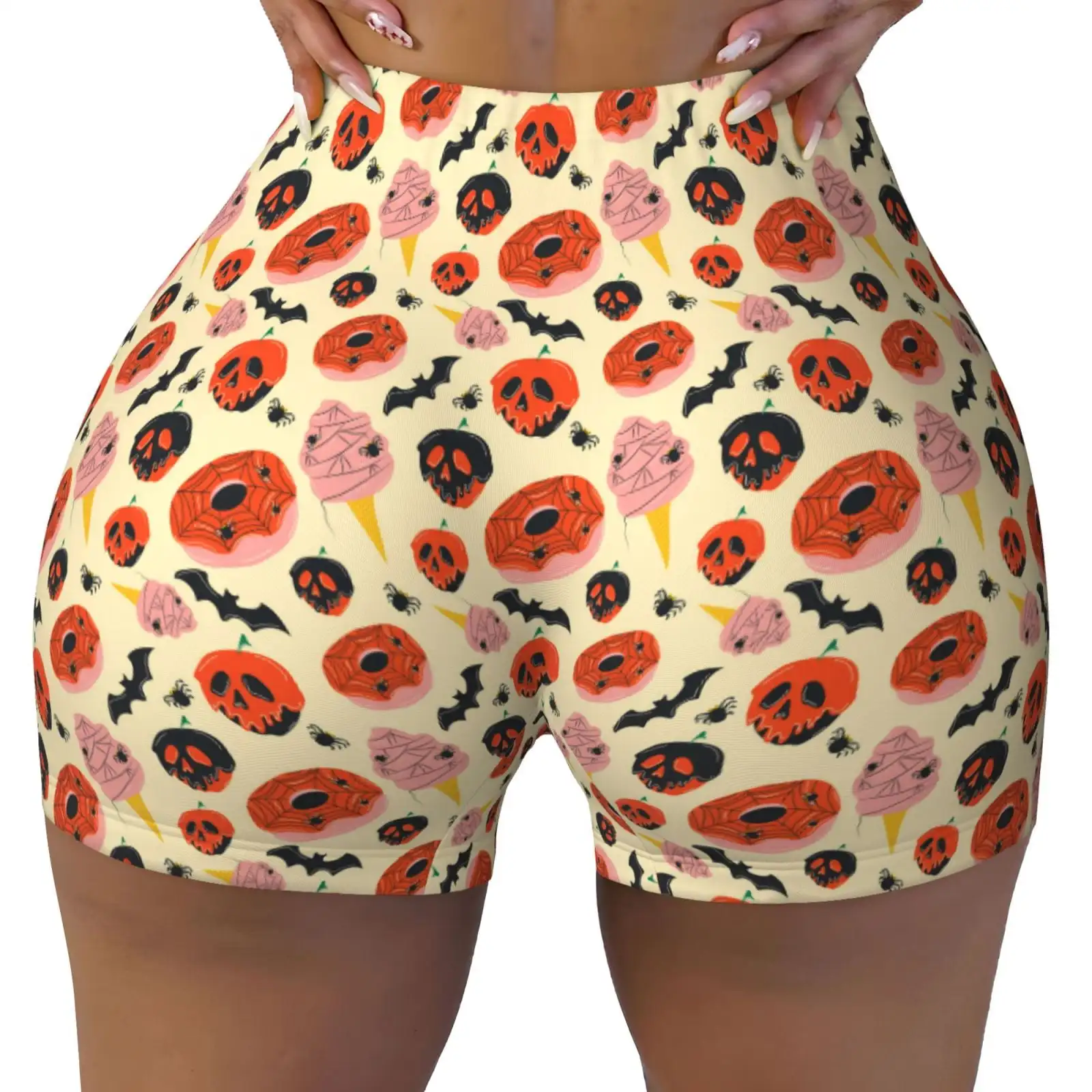 Halloween Donut Print Workout Shorts for Women Seamless Soft Smooth Gym Yoga Scrunch Active Shorts