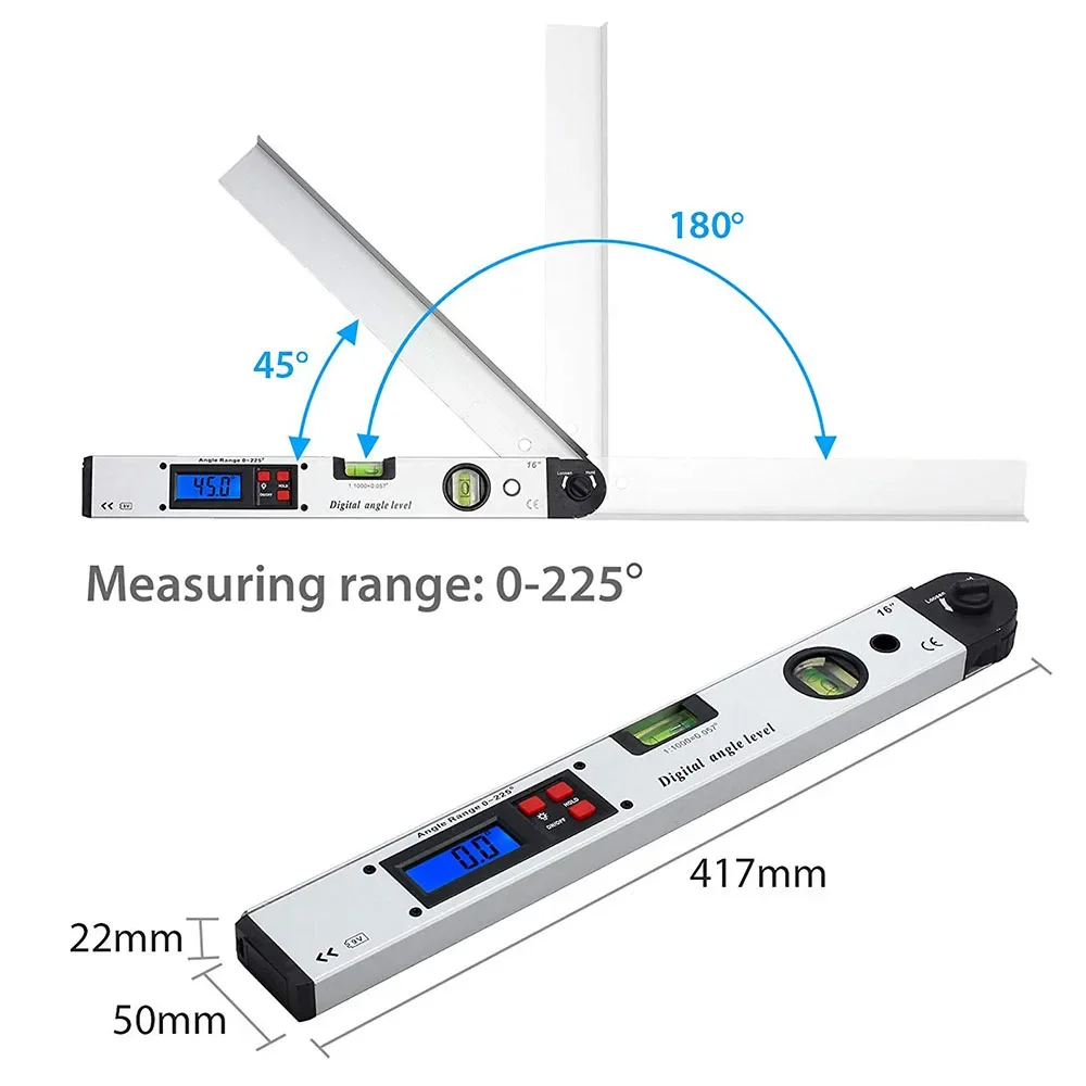 400mm/16inch Digital Angle Finder 0-225° Protractor Spirit Level Bubble Precise Gauge for Woodworking Construction DIY Projects