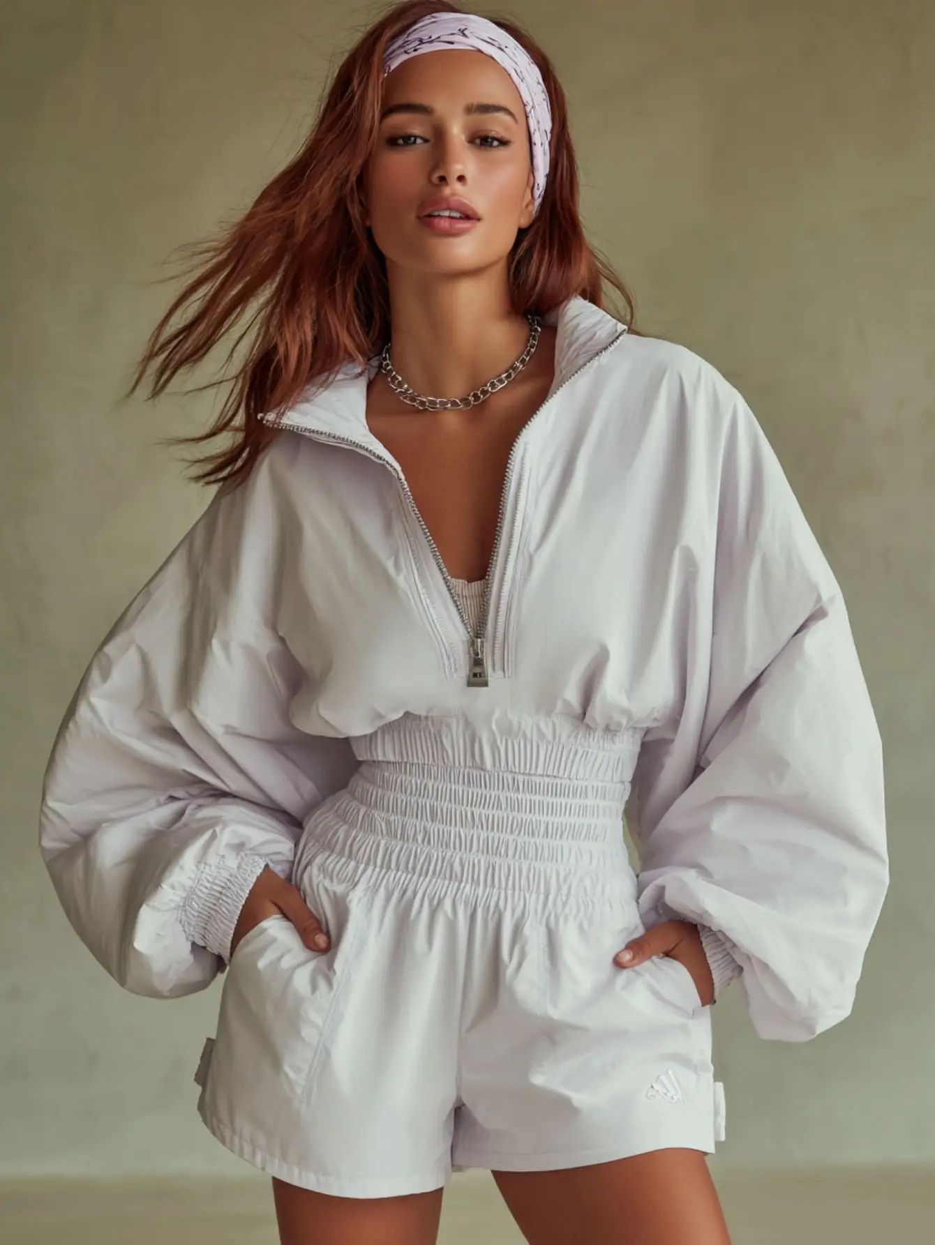 

Mia Muse Select Women's Autumn Sets Korean Casual Solid Color Zipper Puff Sleeve High Neck Cropped High Waist Short Shorts Sets