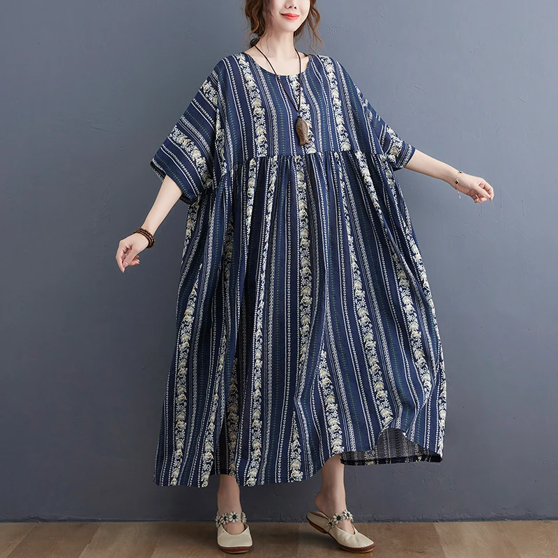 여름 신상 플러스 사이즈 루즈핏 플로럴 프린트 롱 드레스 여성 무릎 길이 맥시 드레스 캐주얼 편안한 면 혼방