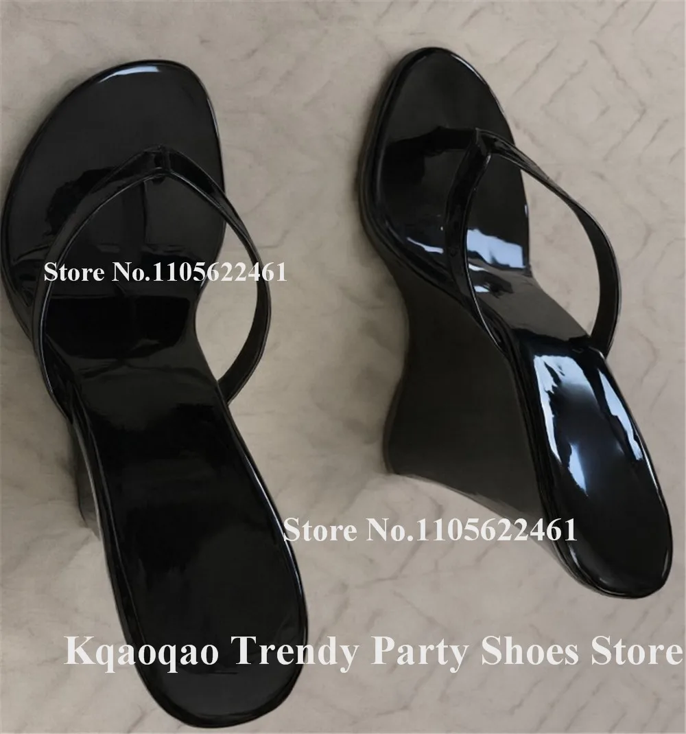 Kqaoqao Black Silver Gold Patent Leather Wedge Slippers Sexy Clip Toe Slip On Wedge Heel Sandals Summer High Heel Wedges