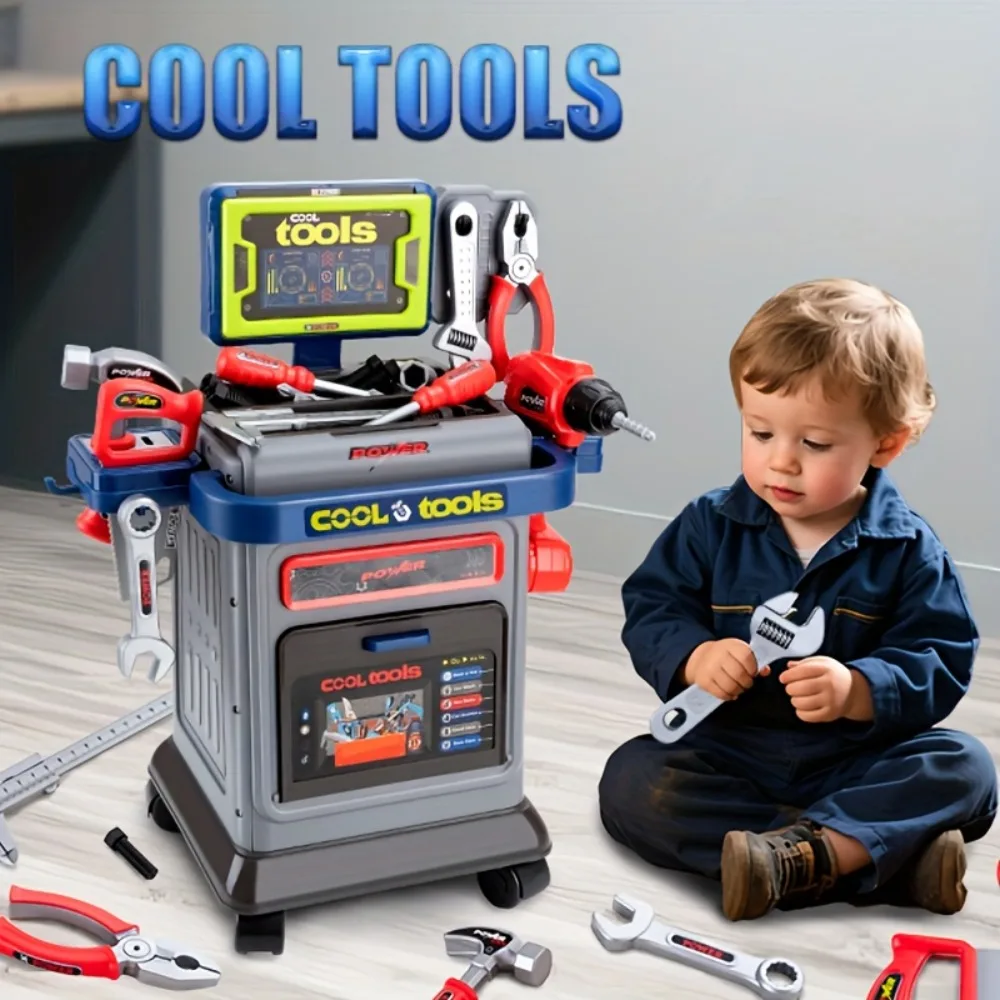 مجموعة عربة أدوات الأطفال مع مثقاب كهربائي لعبة منضدة البناء للأطفال الصغار هدية عيد الميلاد للأولاد