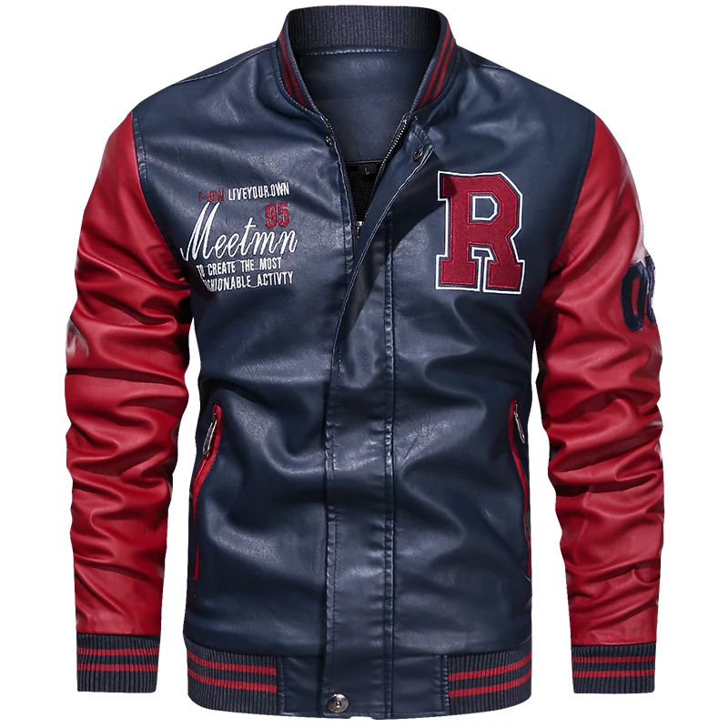 Spring and Autumn Men's Motorcycle Suit Leather jacket Color blocking American baseball collar pilot casual PU leather jacket