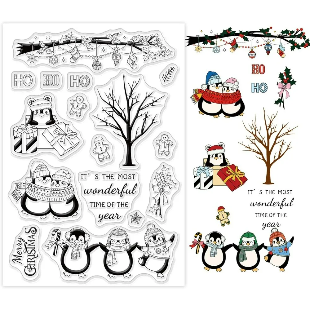 Christmas Penguins Silicone Clear Stamps with Gingerbread Man Shape for Card Making DIY Scrapbooking Photo Album Decoration