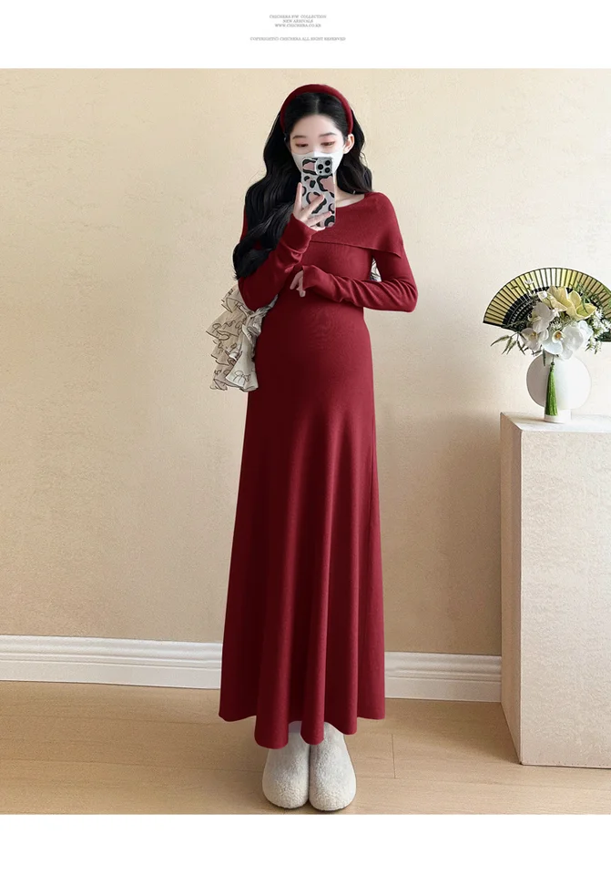 Winter Maternity Basic Dress Long Sleeve Shoulderless Elegant Pregnant  Woman Dress Plus Size Pregnancy Party Dress Black Red - AliExpress 1501