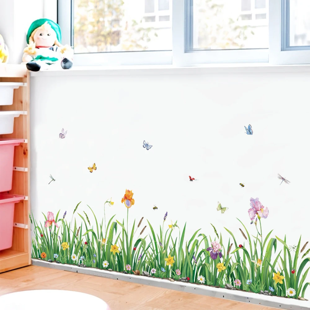 Green Grass Flowers Borader Wall Sticker Baby Nursery Kids Room Plant Butterflies Rooftop Vine Wall Decals Bathroom Kitchen