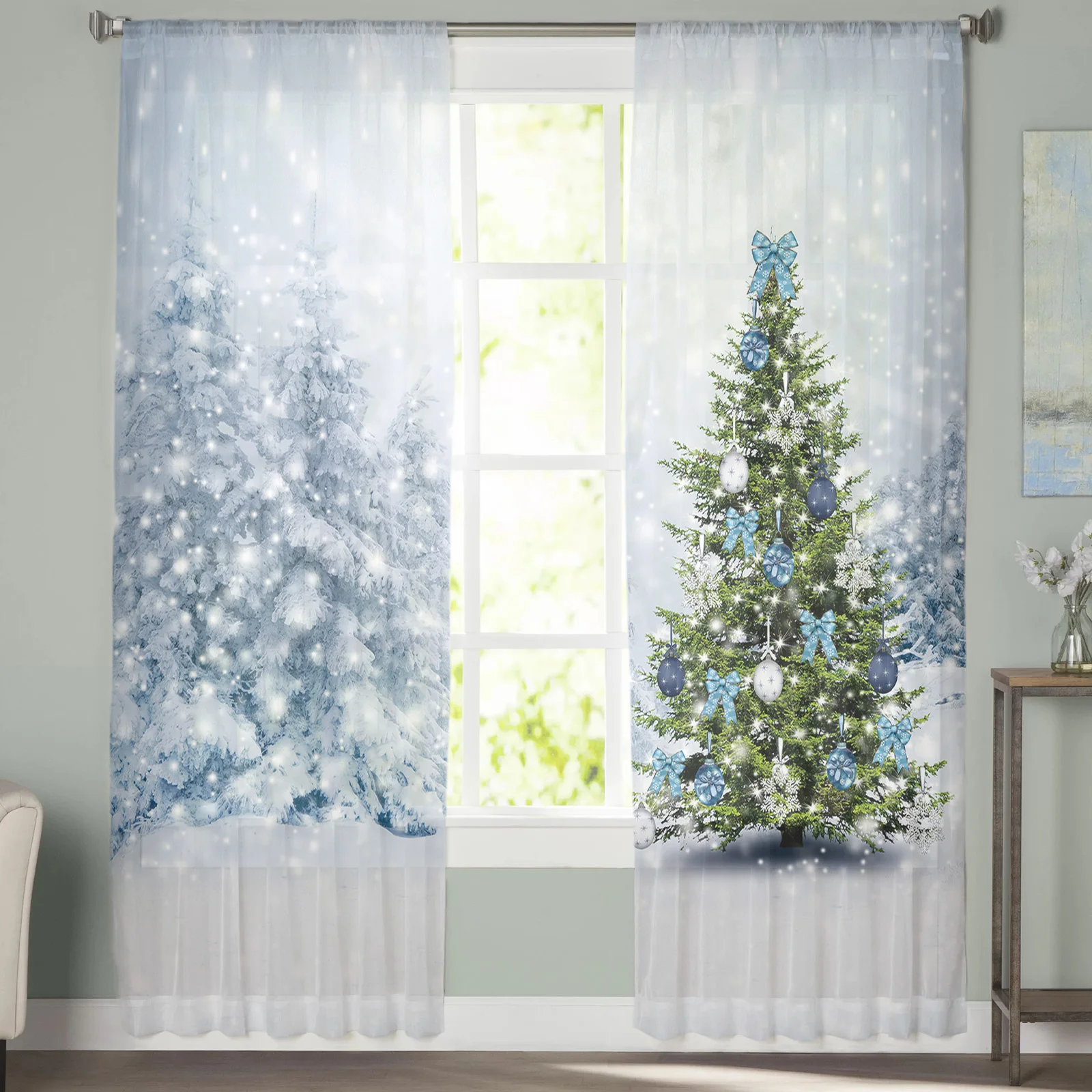 Christmas Snow Scene Christmas Tree Sheer Curtains Christmas Decorations for Home Window Tulle Curtains For Living Room Bedroom