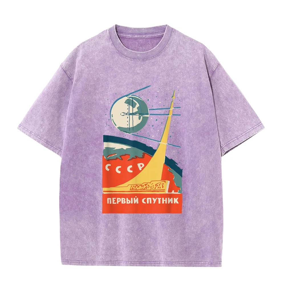 Sputnik USSR Vintage Poster T-Shirt Communist Space Printed Camisetas De Hombre Algodón Мужская Short Sleeve Summer Top Graphic