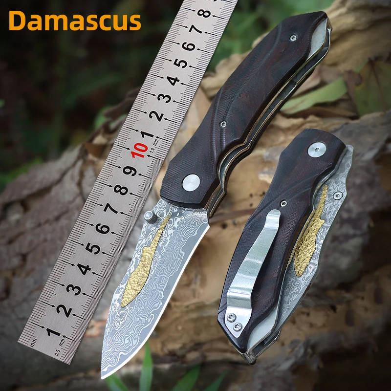 

Folding Knife with Damascus Steel Blade and Wood Handle - Suitable for Outdoor Survival, Camping, Portable Folding Knife