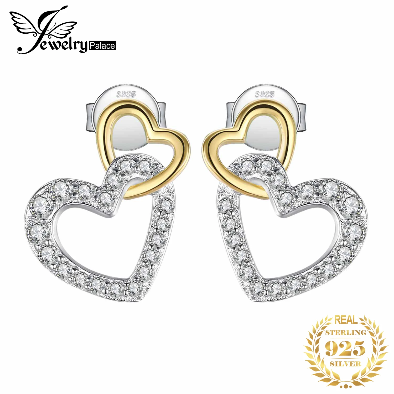 JewelryPalace Love złote serce 925 kolczyki sztyfty ze srebra wysokiej próby dla kobiet moda cyrkonia symulowane diamentowe kolczyki