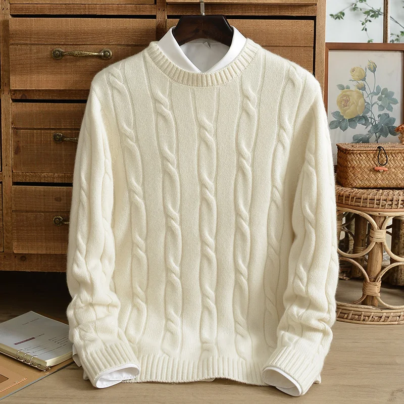 

Three-strand thickened twisted flower solid color cashmere sweater men's twist casual round neck loose pure cashmere jacquard