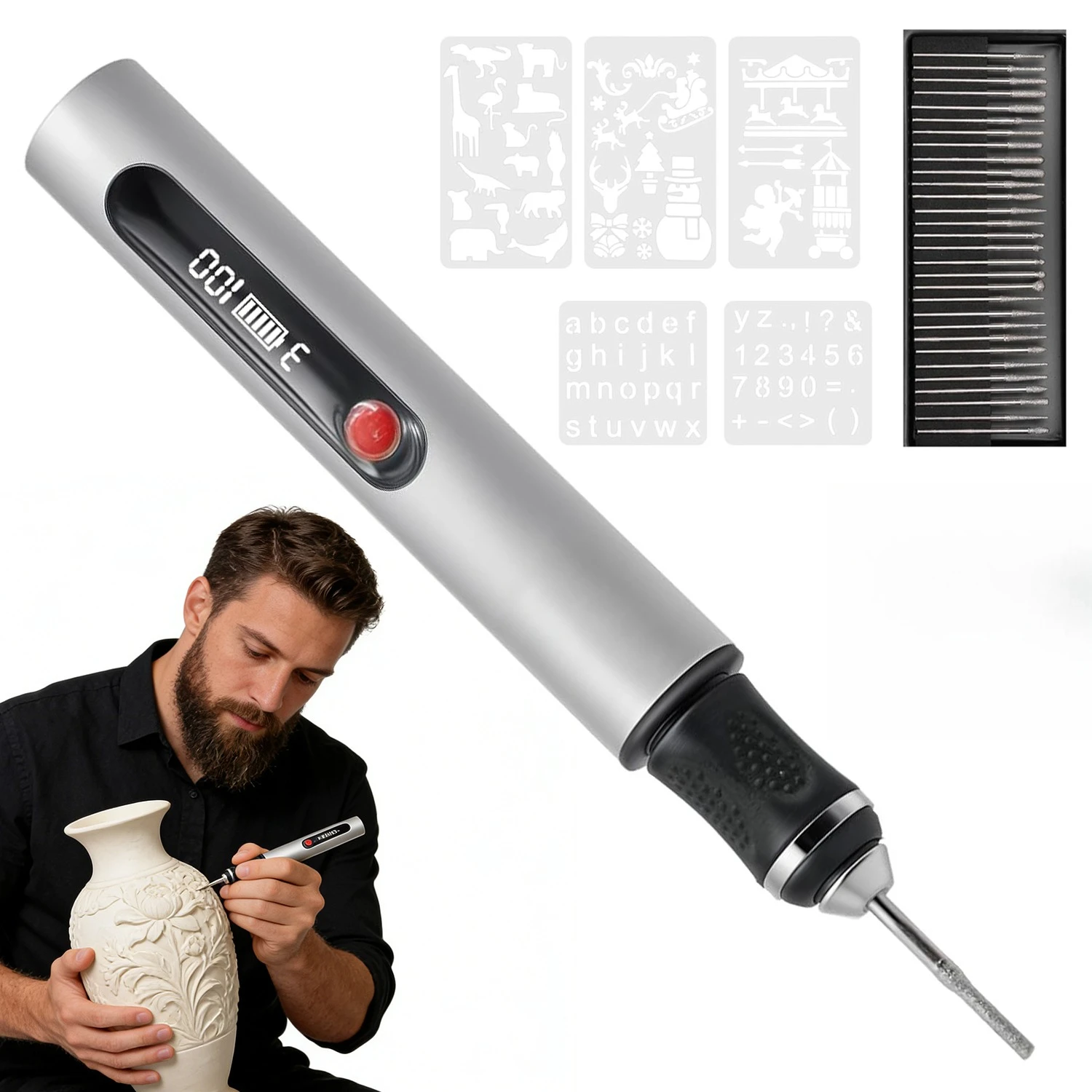 Stylo de gravure résistant à l'usure, graveur portable ultime avec 3 réglages de vitesse pour la fabrication de bijoux, l'art en résine, capable de graver sur plus de 50 surfaces, outil de bricolage adapté aux débutants avec kit de polissage et 30 embouts de rechange. Kit d'outils de gravure ergonomique pour bricolage.