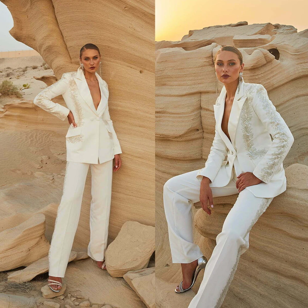 Elegant Women's Evening Dresses Suit Gowns Beads Peaked Lapel One Button Jacket Pants For Female Satin 2 Pieces Suit Customized