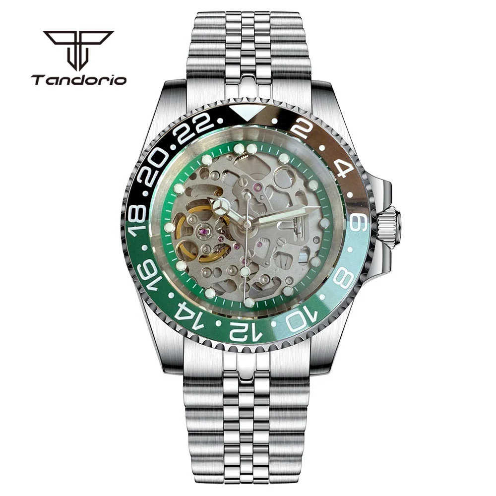 Tandorio Stainless Steel Automatic Men Watch Sapphire Skeleton NH70 Hollow Dial 40mm Mechanical Wristwatch Ceramic Bezel 20atm