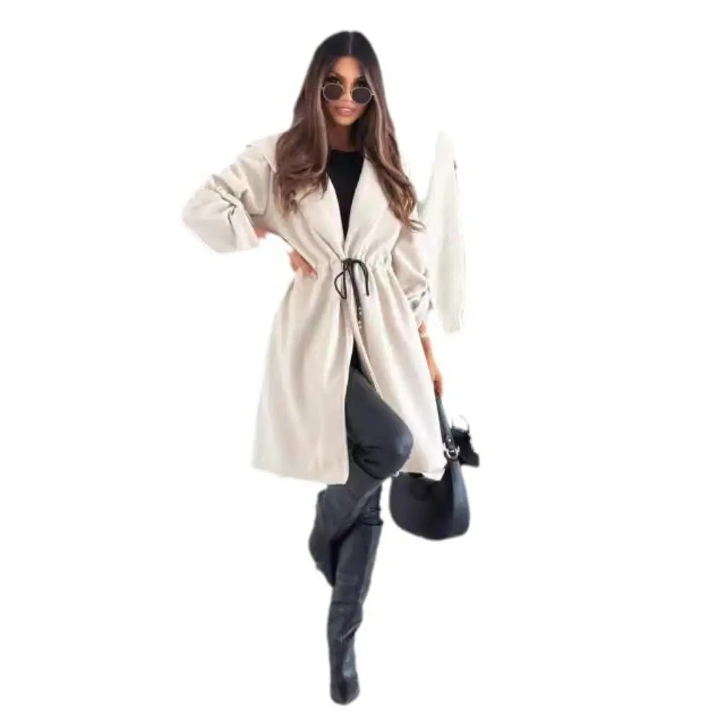 

Women's Hooded Trench Coat Lace-Up Loose Casual Autumn Winter Outerwear Soft Lace Material Fashionable Female Jacket