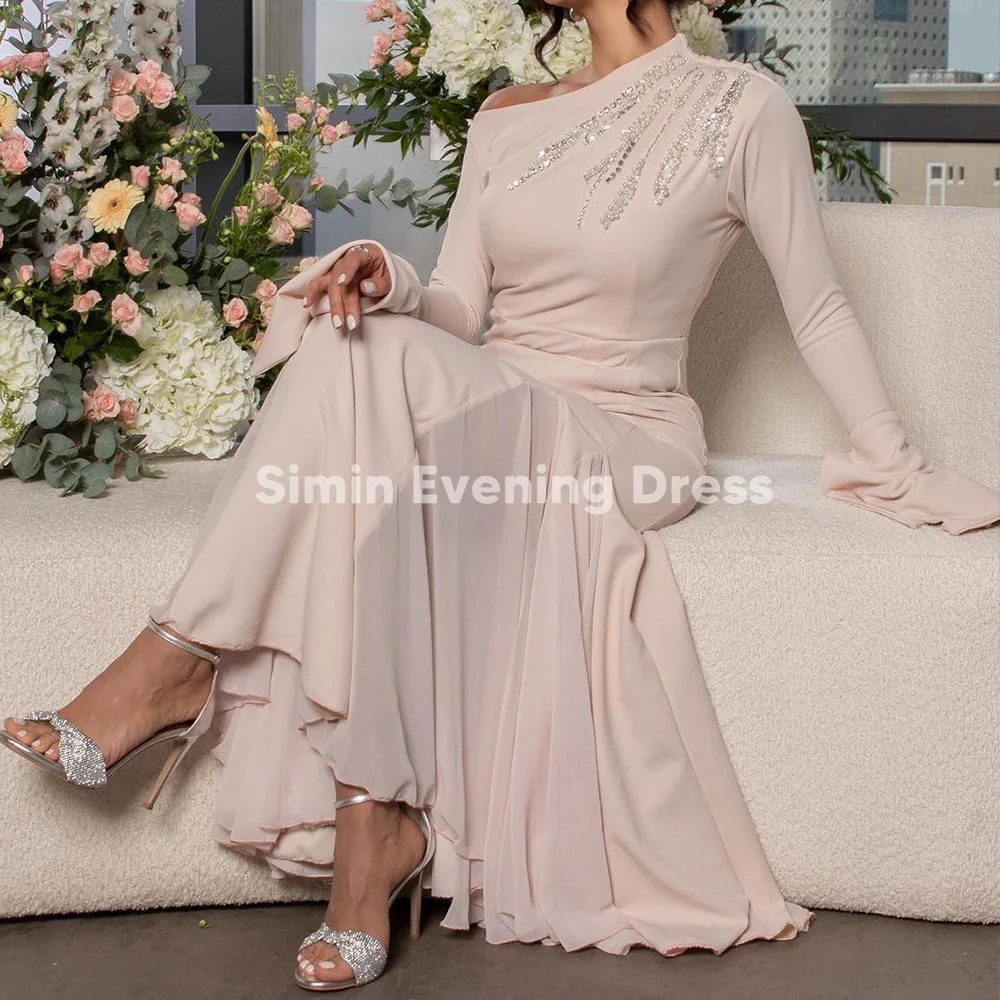 

Simin Women's One-shoulder Beaded Mermaid Ankle-Length Sheath Luxury Dubai Evening Dresses With Long Sleeves Elegant Dress 2025