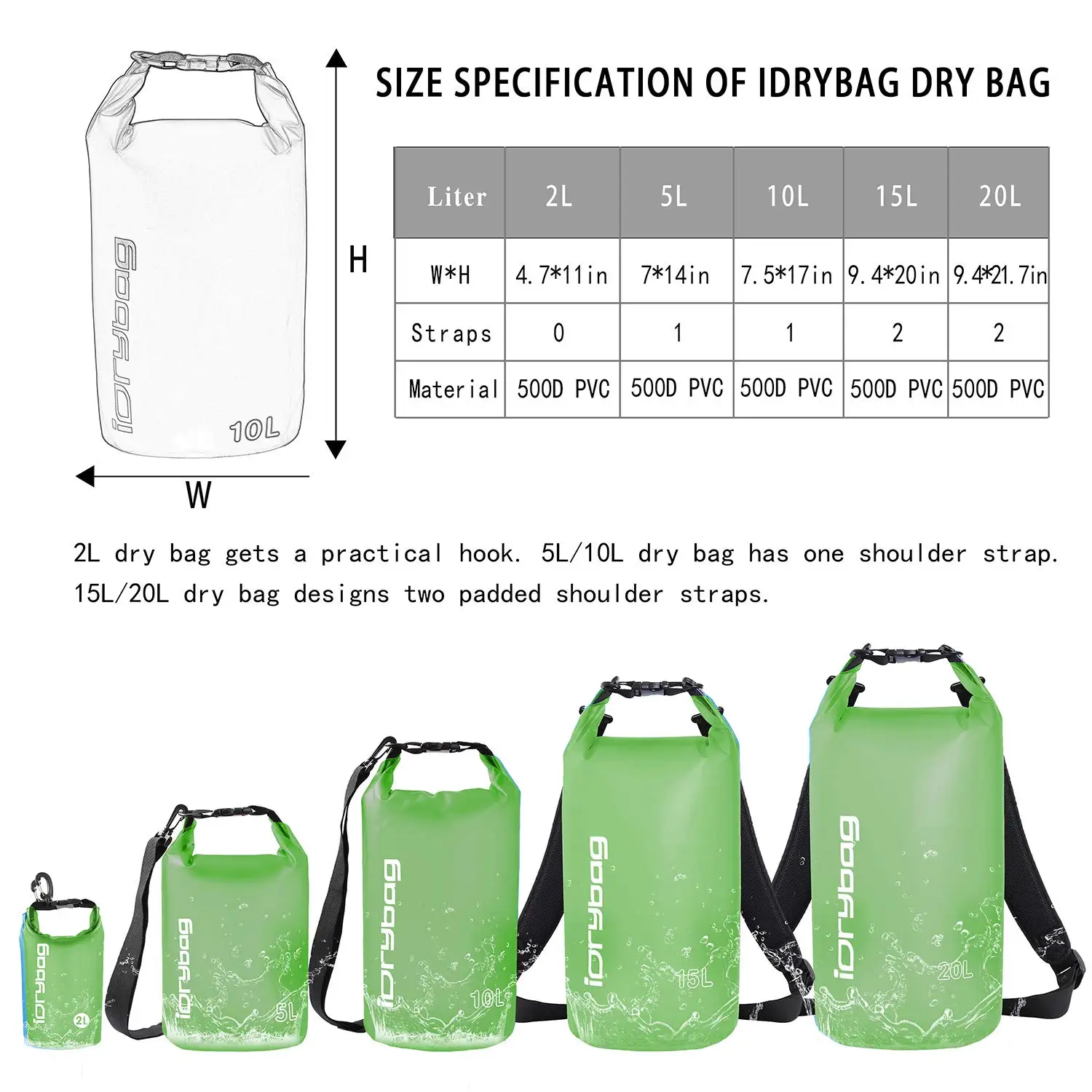 IDrybag Dry Bag for Women Men 2L/5L/10L Dry Bags Waterproof Bag for Kayaking Boating Camping Hiking Canyoning