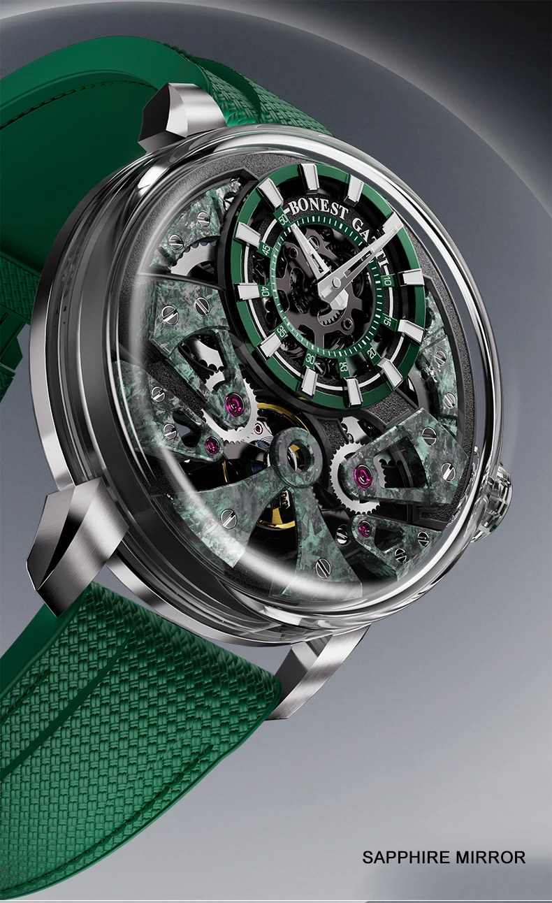 BONEST GATTI Мужские автоматические часы 44 мм Модные механические наручные часы Скелет из углеродного волокна Светящийся циферблат Сапфировое зеркало