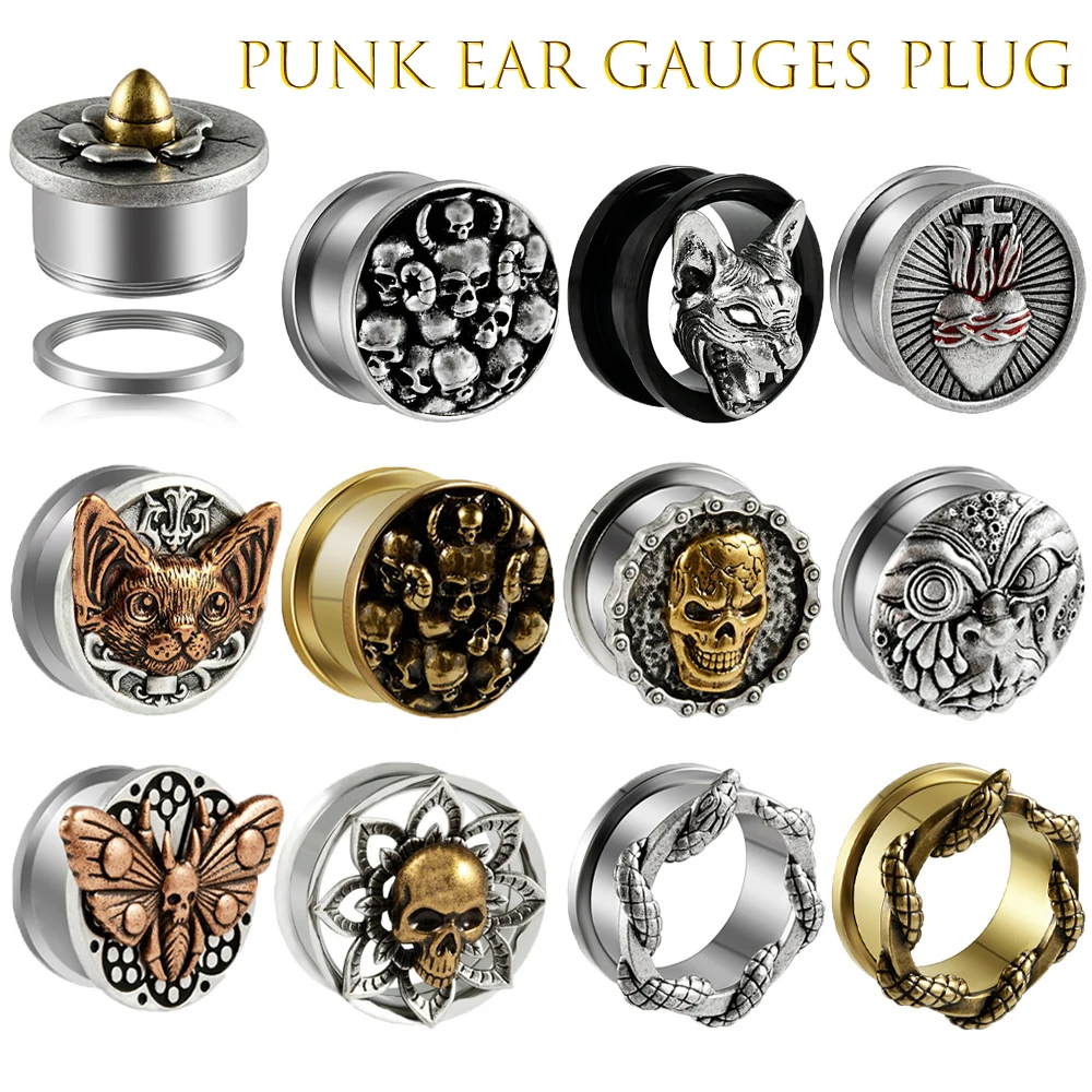 2 szt. Ze stali nierdzewnej Punk szkielet wąż duch cyweta wskaźniki uszu wtyczka gotycka płatka ucha Expander nosze Piercing biżuteria do ciała