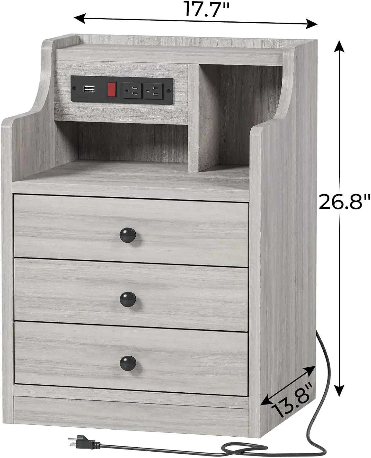 Nightstand Set 2,Gray Nightstand with Charging Station & Hutch,Night Stands for Bedrooms Set of 2,Bedside Table with Drawers