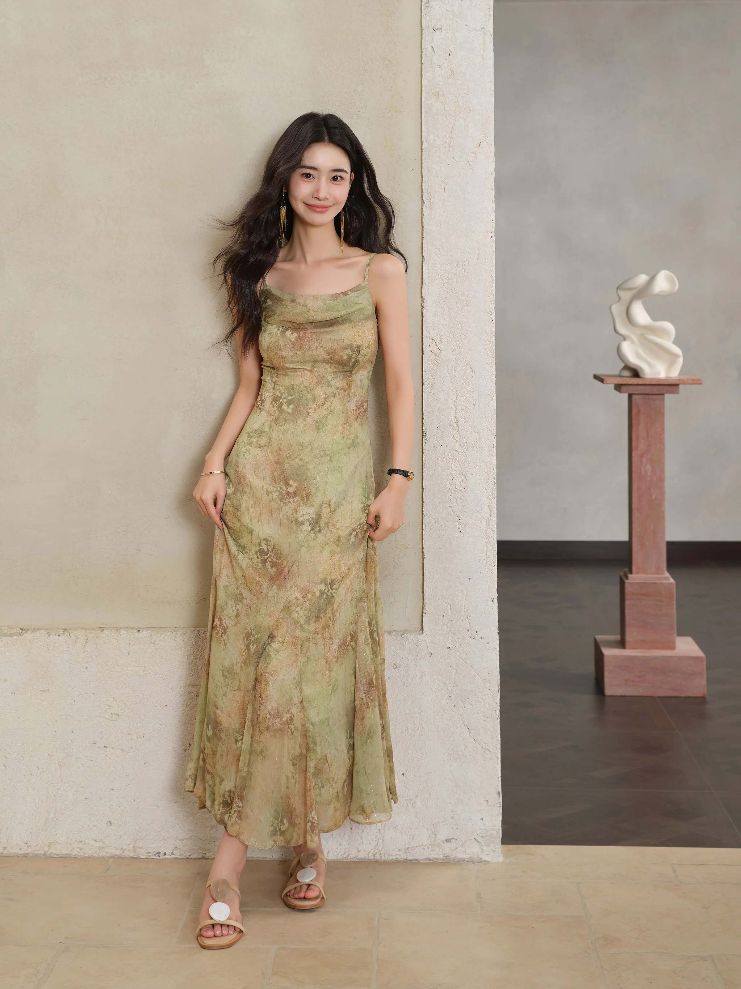 Vintage Tie-DyeชีฟองMaxiชุดผู้หญิงฤดูร้อนElegant Slim CamiชุดเอวสูงยาวSundress Beach Holidayชุด