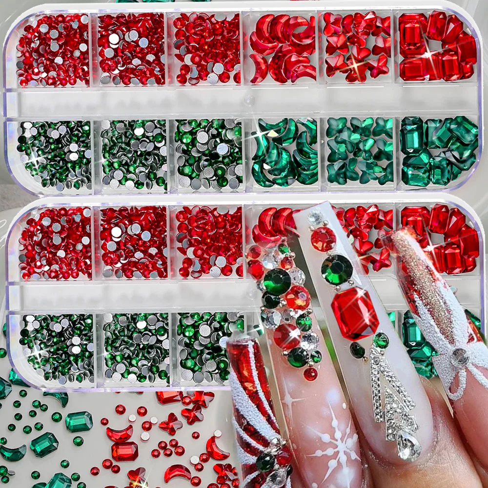 

12 сеток/коробка, рождественские красные/зеленые роскошные стразы для дизайна ногтей SS4-SS16, круглый диамонд + луна/бабочка/квадратные кристаллы для ногтей для ногтей
