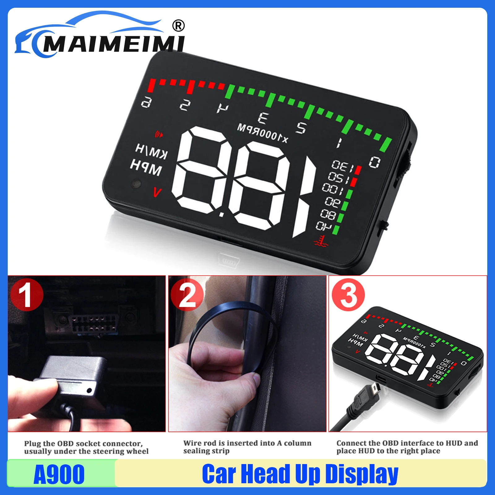 MAIMEIMI A900 HUD проектор на лобовое стекло автомобильный спидометр цифровой OBD2 автомобильный проекционный дисплей об/мин температура воды напряжение сигнализация превышения скорости