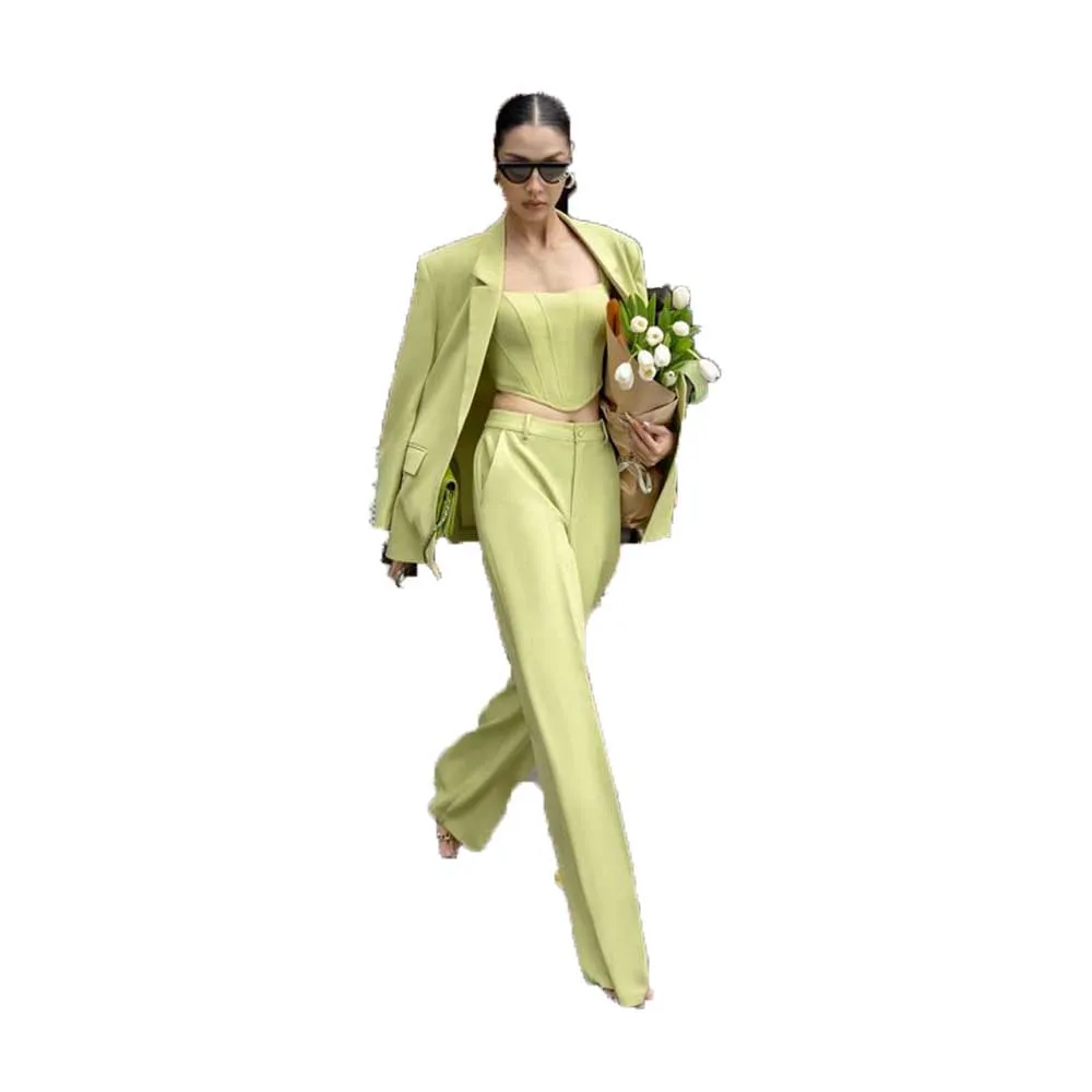 Fashion Chic Green Suits for Women Notch Lapel Two Piece Jacket Pants Female Clothing Smart Office Lady Slim Fit Blazers Sets