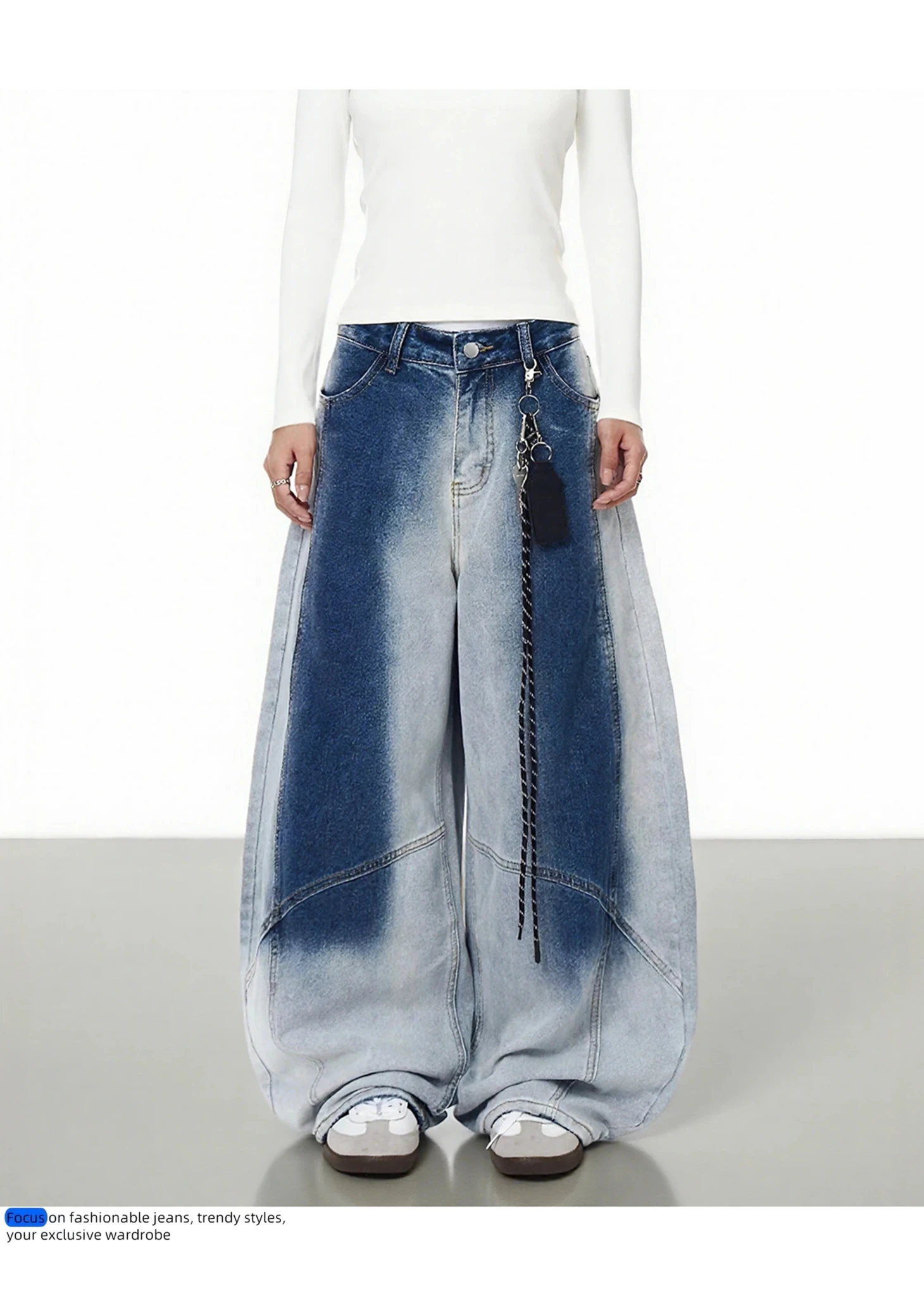 

CHIC Woman Jeans Gradient Washed Cotrast Color Denim Pants BF Fashion Mens Wide Leg Trousers Boyfriend Trendy Bottom Oversized